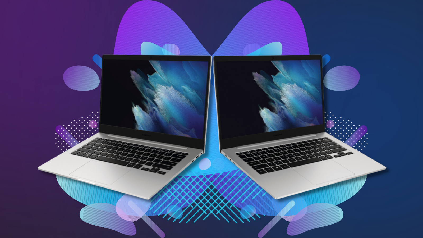 samsung galaxy book go from two angles side by side with purple and blue background