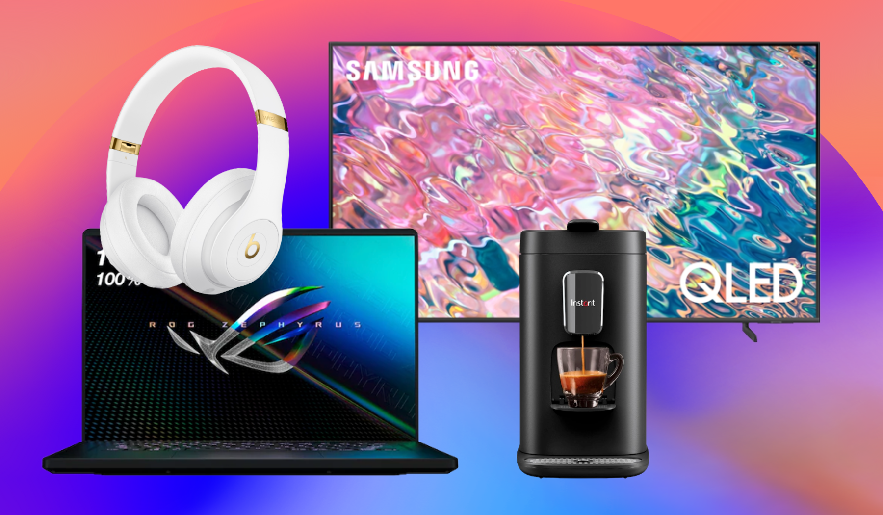 Beats headphones, Asus gaming laptop, Instant Pot coffee maker, and Samsung TV on colorful abstract background