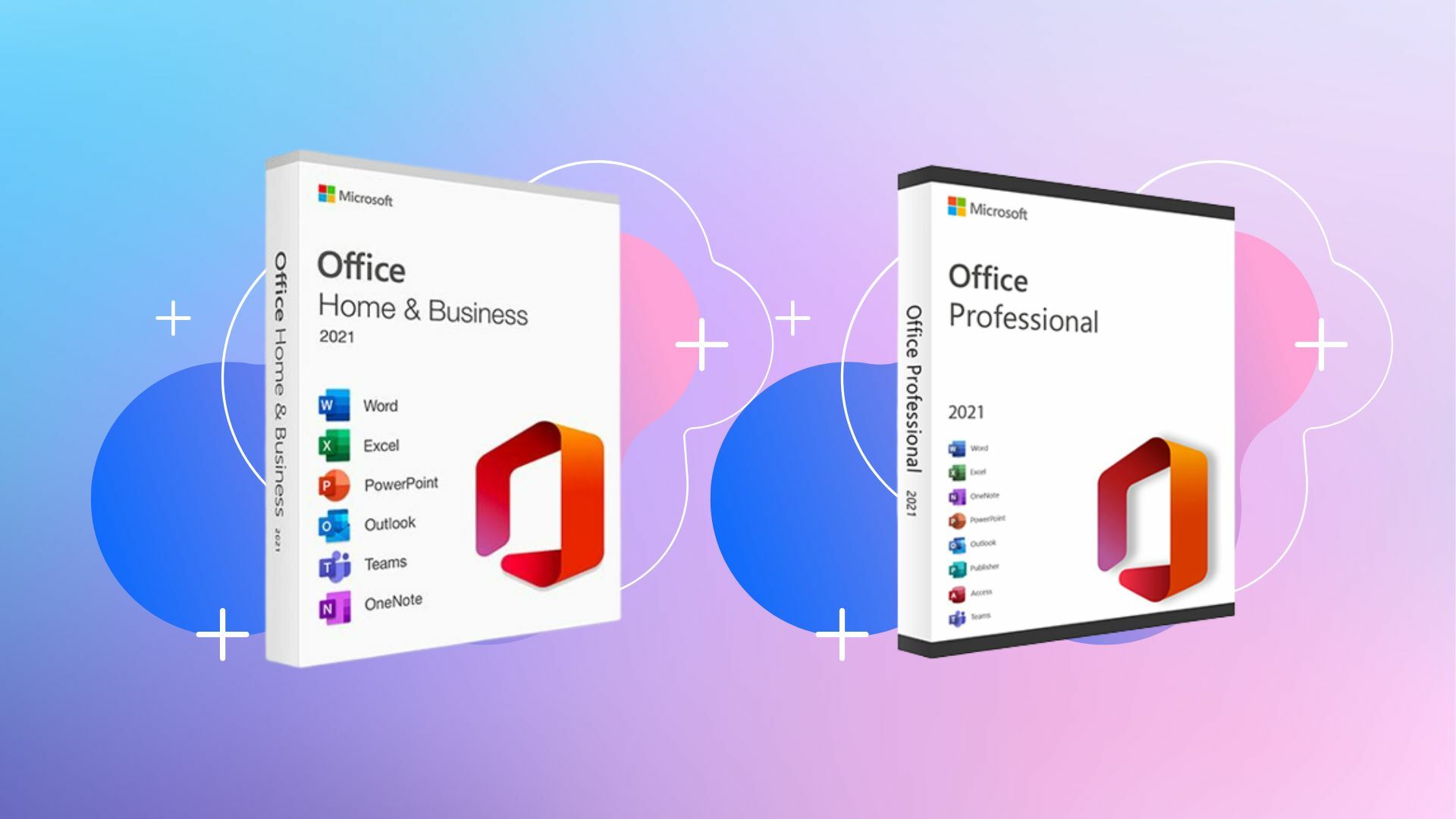 Microsoft Office Home & Business for Mac 2021 or Microsoft Office Professional 2021 for Windows on a colorful background.