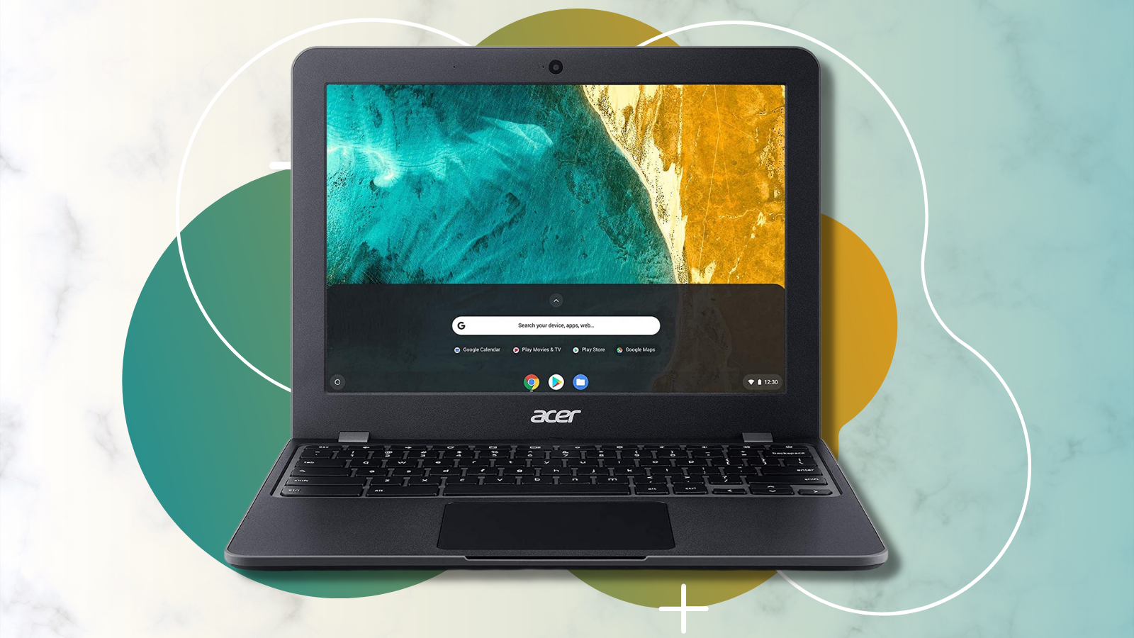 acer chromebook 512 in black with yellow and teal background