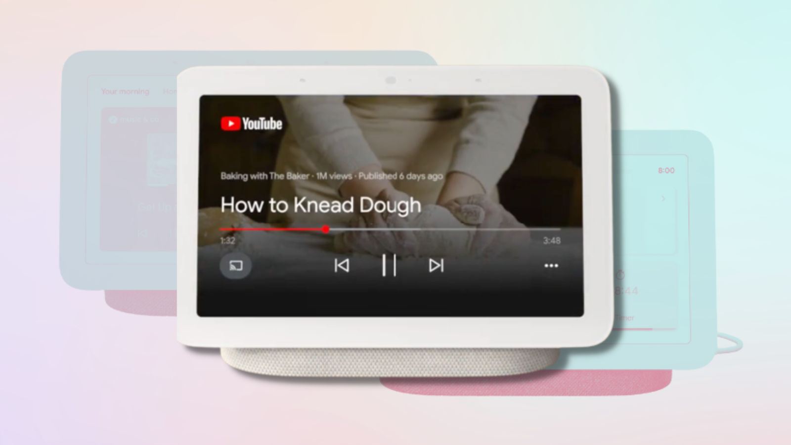 google nest hub 2nd gen with youtube displayed and pink and blue background