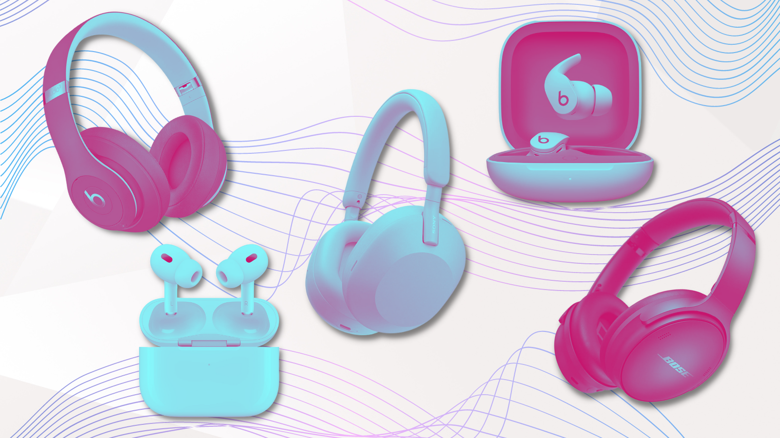 noise canceling headphones in blue and pink shades