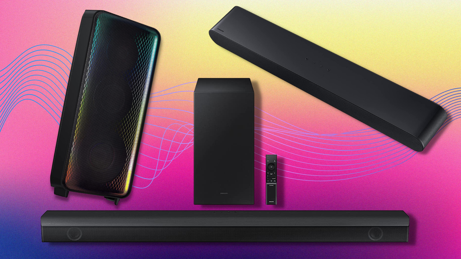samsung soundbars and speakers with a colorful background