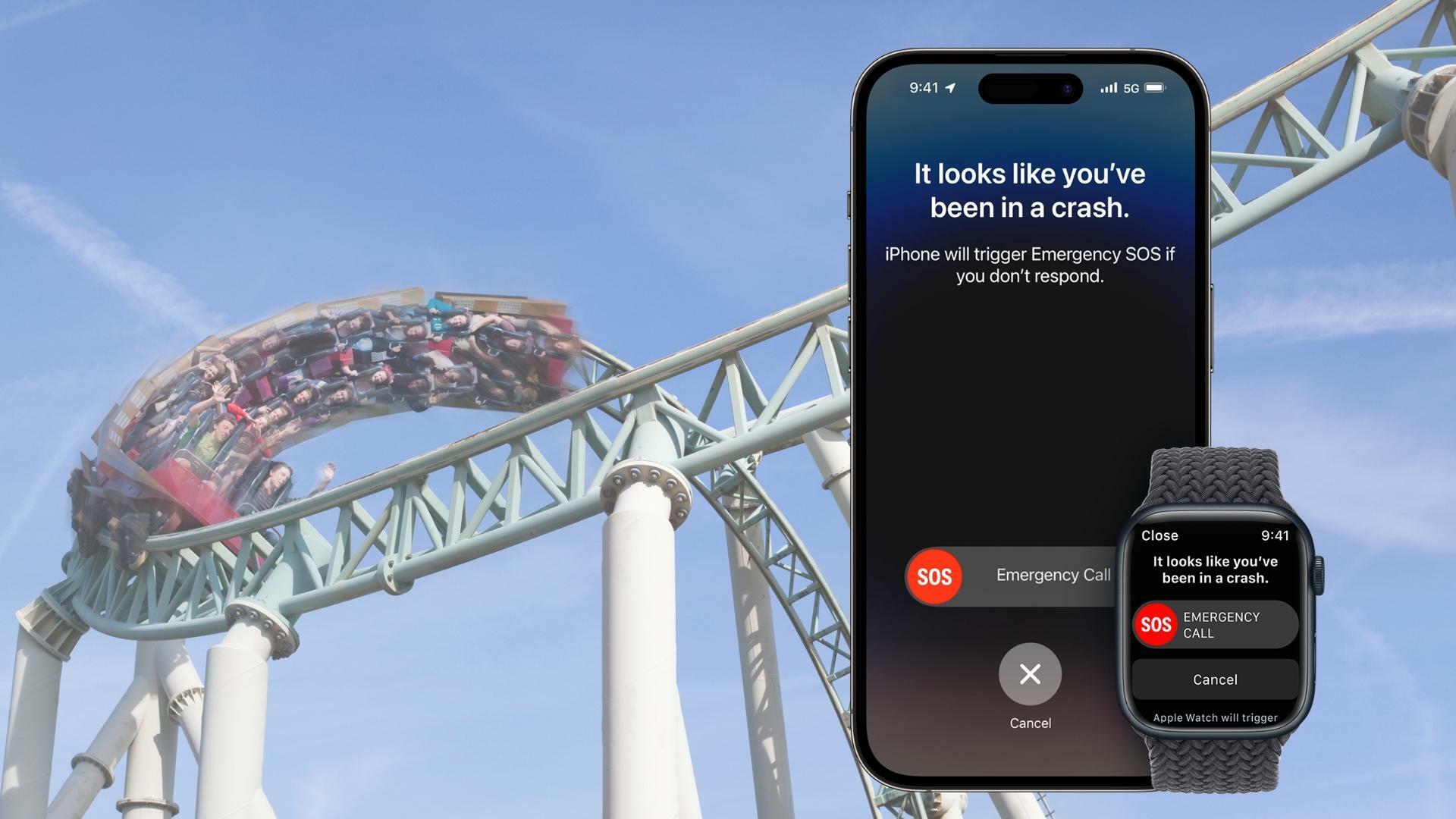 crash detection feature on iPhone 14 and Apple Watch against backdrop of rollercoaster