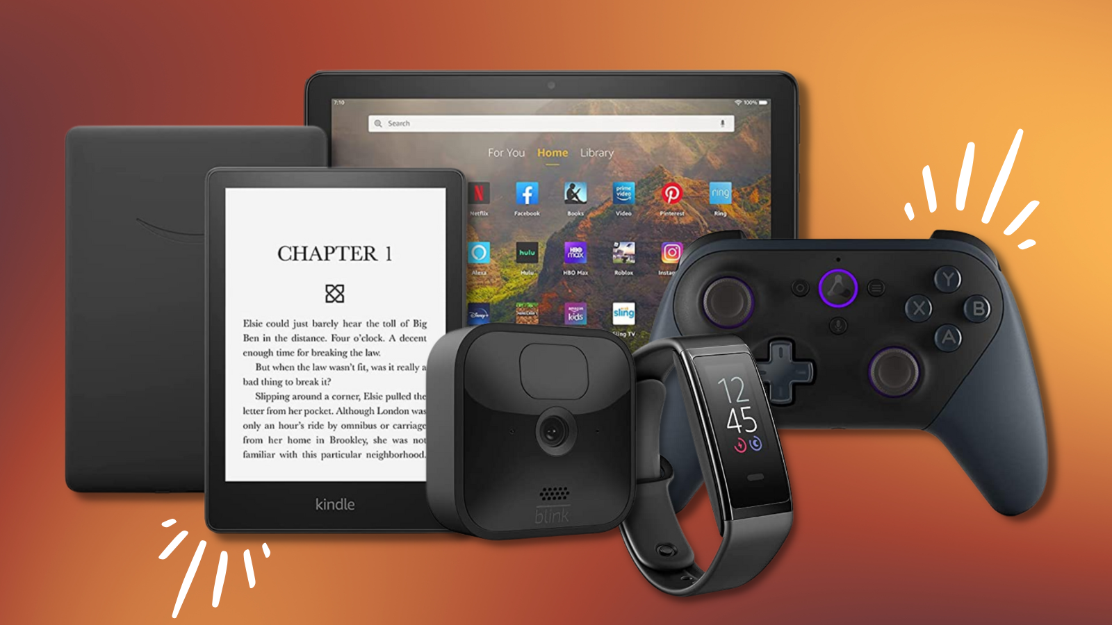 amazon devices bundled together against orange and red background