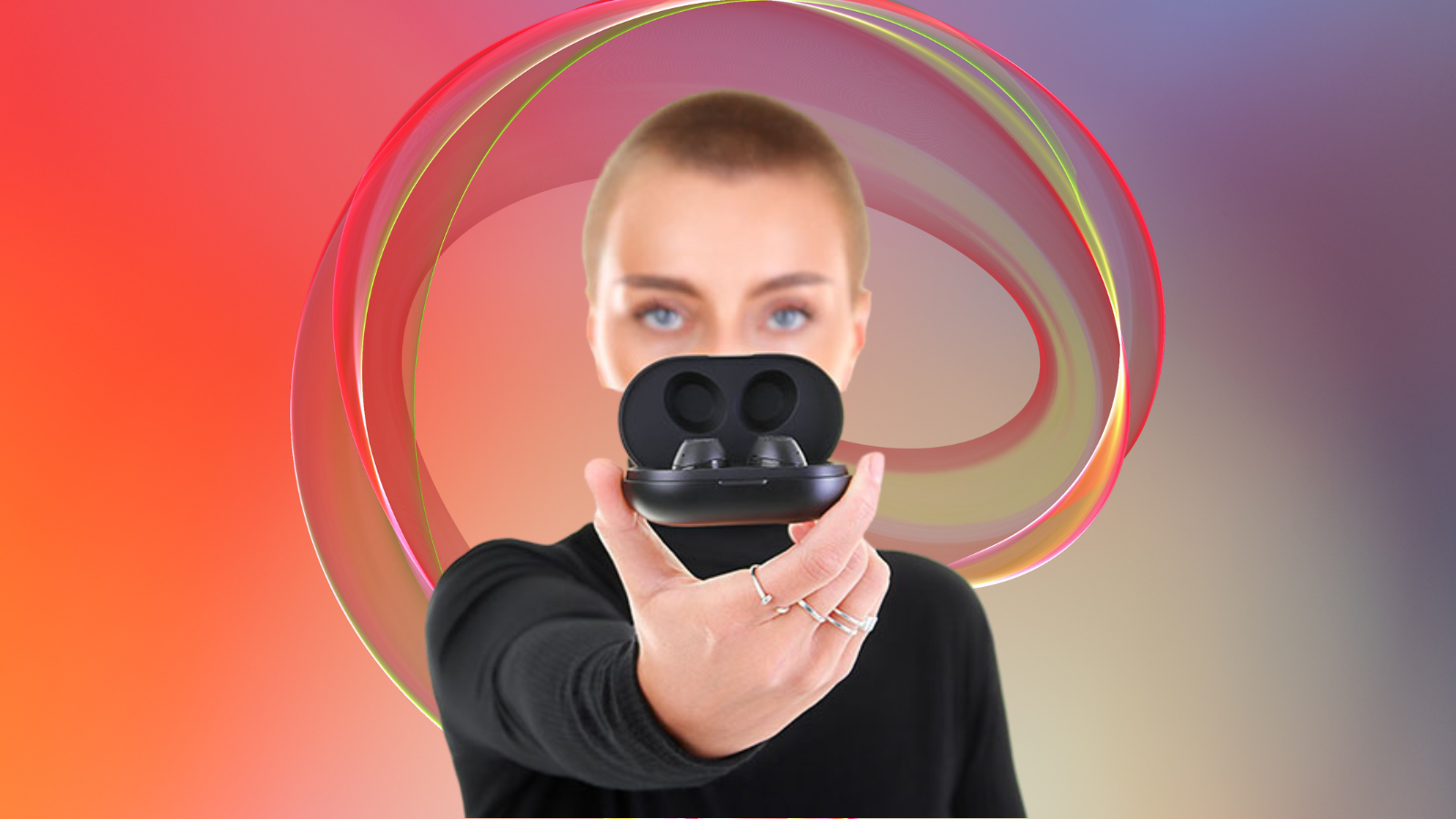 woman holding mymanu clik s translation earbuds