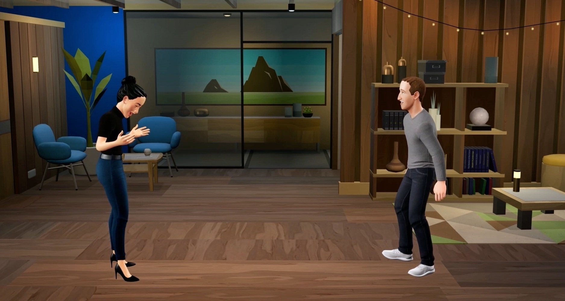 Two avatars in the metaverse, one woman on the left with legs, Zuckerberg on the right with legs.