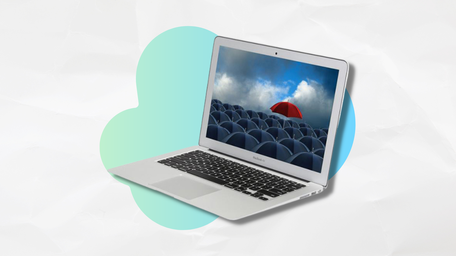 refurbished macbook air with blue and white background
