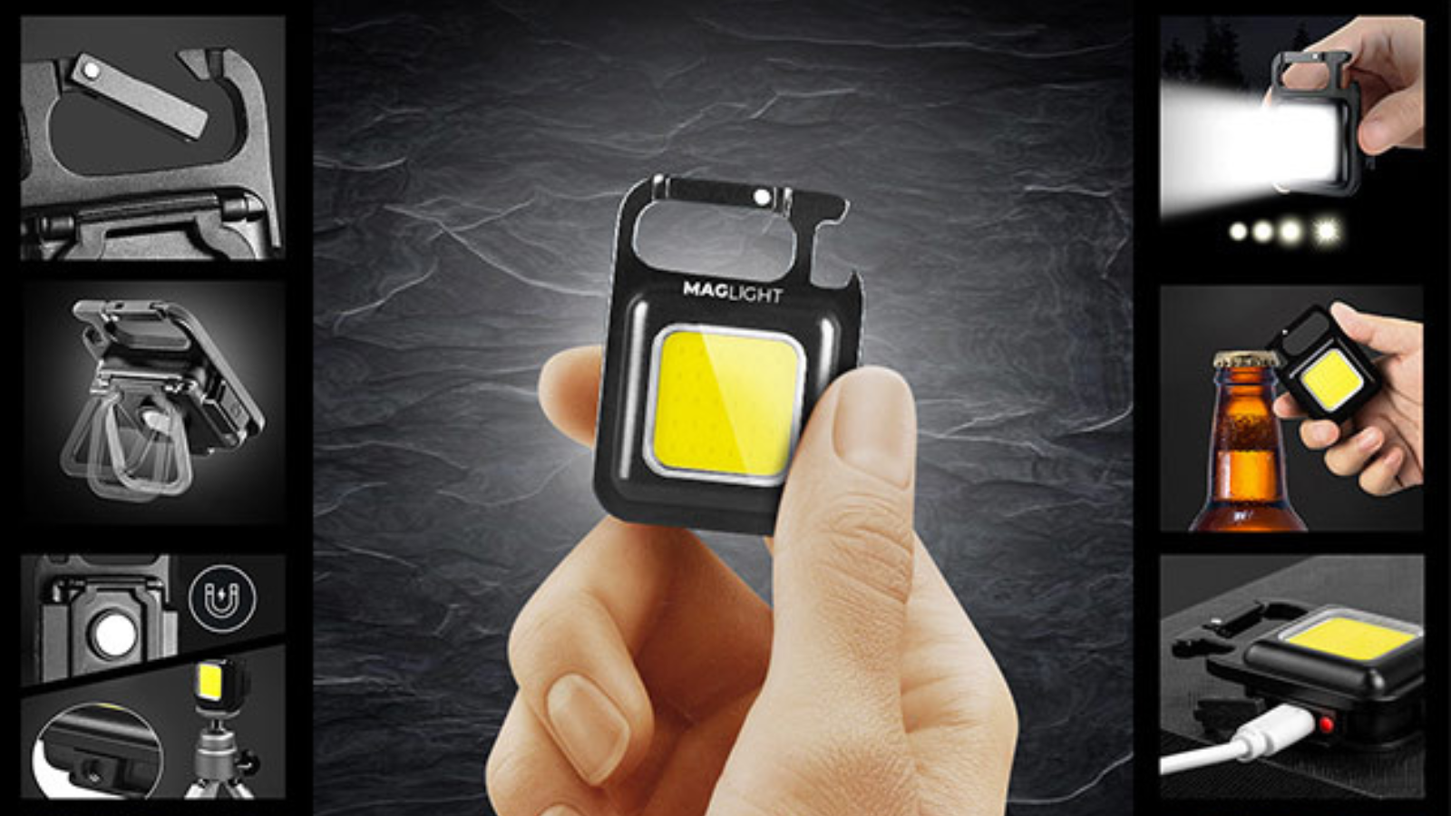 hand holding maglight mini with images showing other functions as border