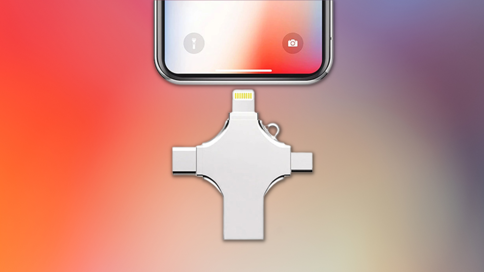 4-in-1 smart flash drive plugging into phone with colorful background