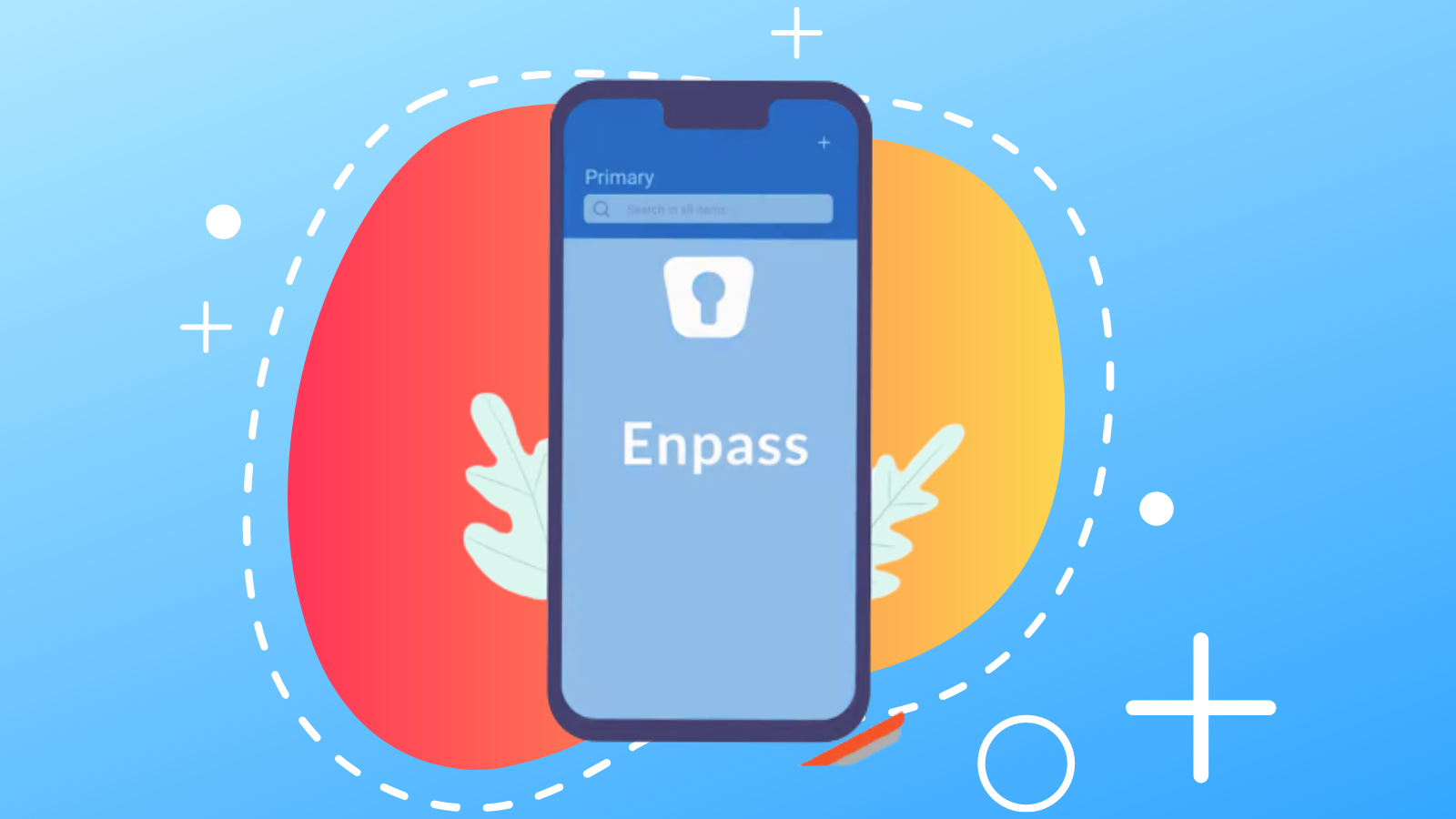 phone illustration with enpass on screen with blue, red, and yellow background