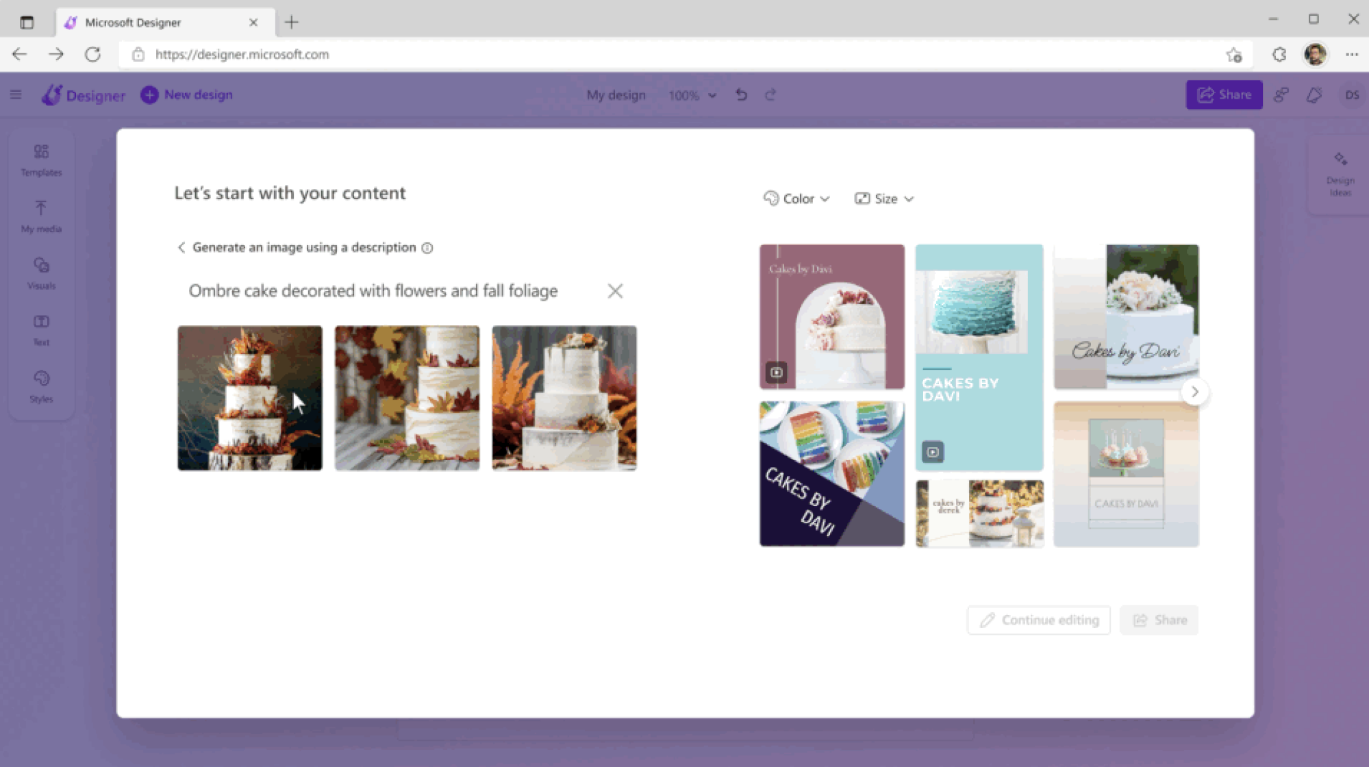 Microsoft Designer app screenshot showcasing AI art generating cakes