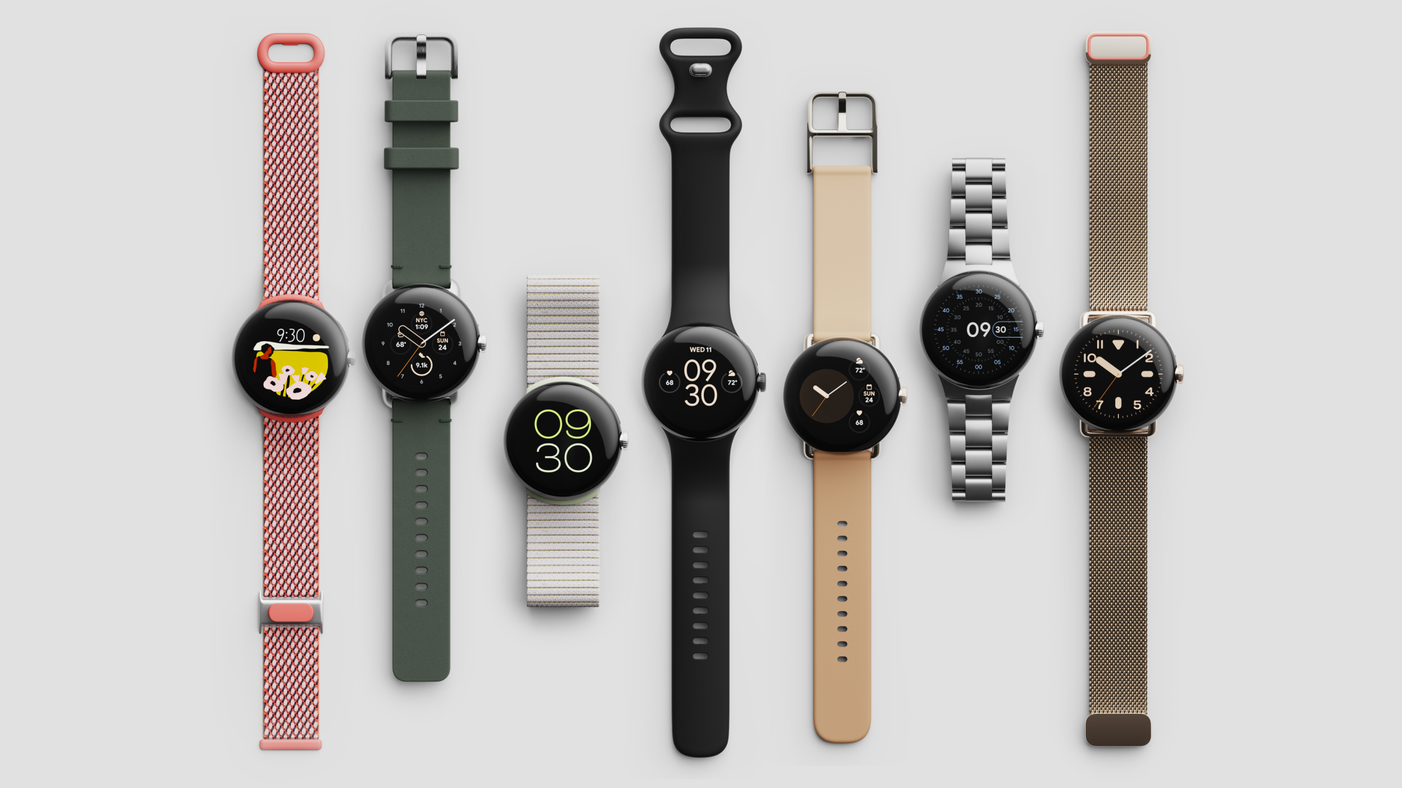 Seven Pixel Watches laid out in different wrist bands