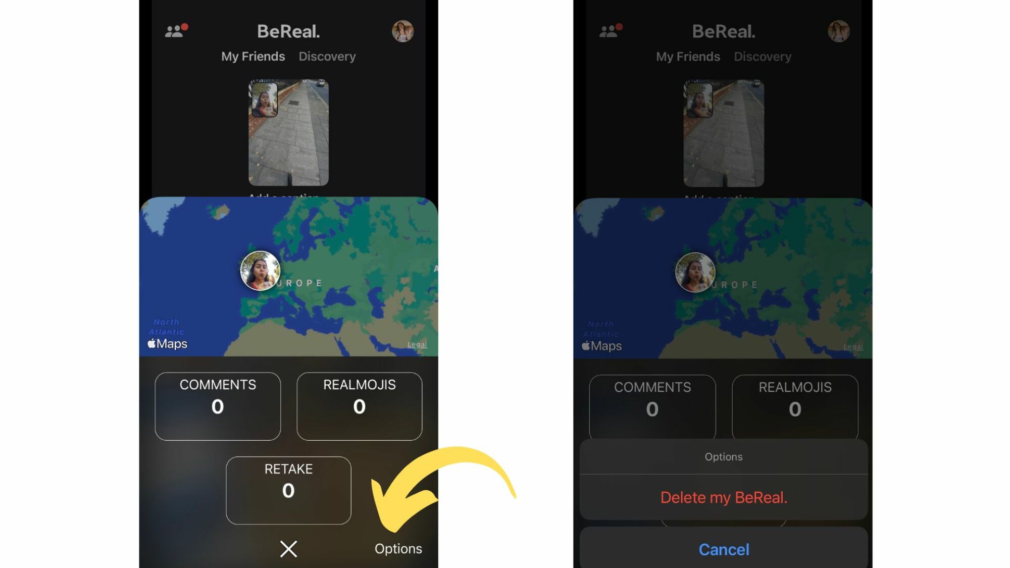 Two phone screenshots showing the BeReal app.