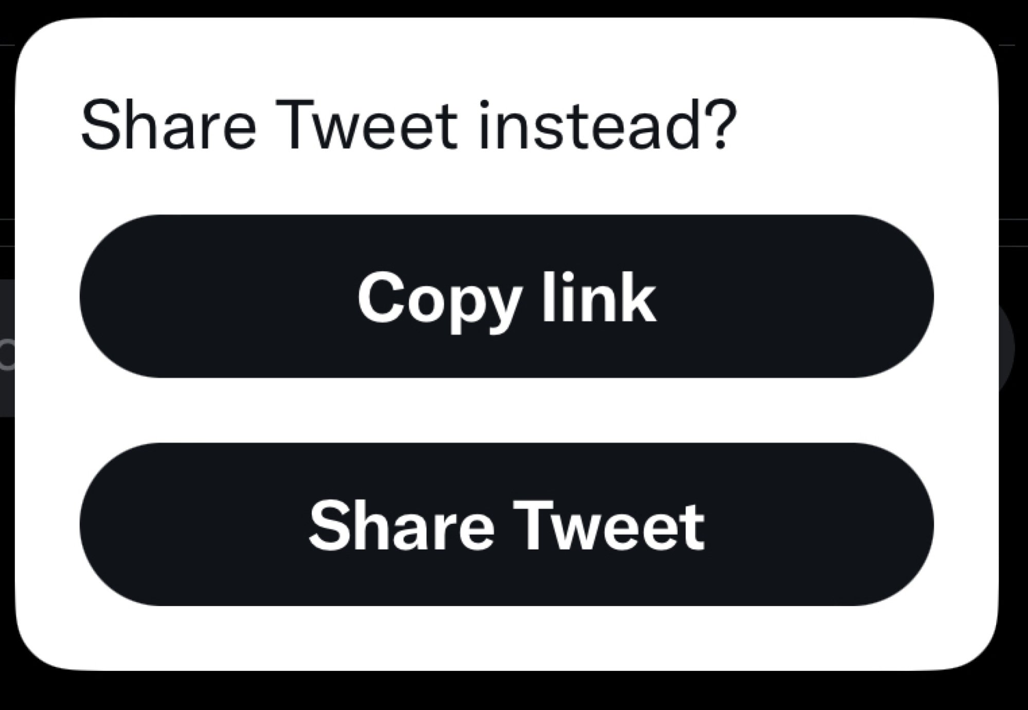 Twitter prompt with text: Share Tweet instead? With buttons for Copy link or Share Tweet