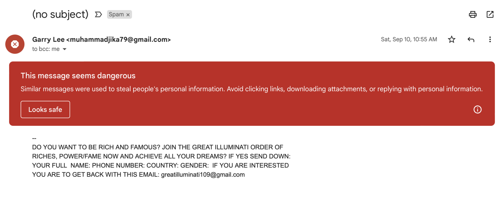 screenshot of gmail spam warning