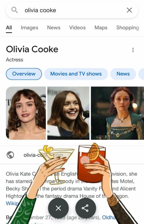 screenshot of olivia cooke google search with drink animation