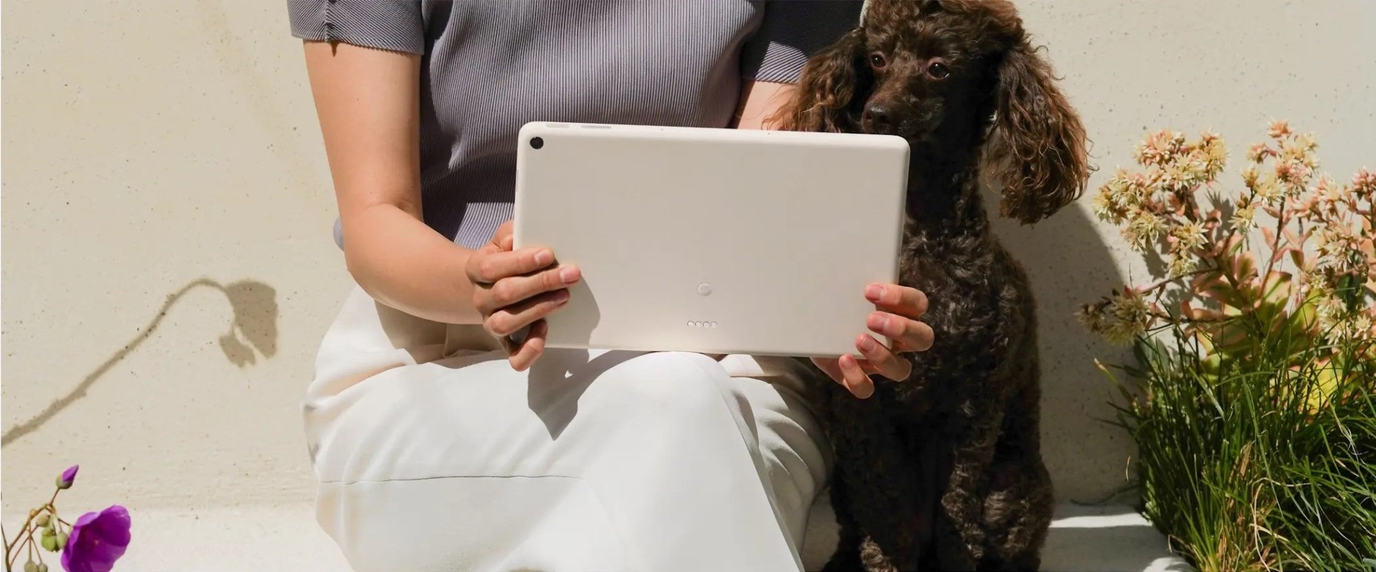 A seated person using the Pixel Tablet with a seated dog looking at the screen
