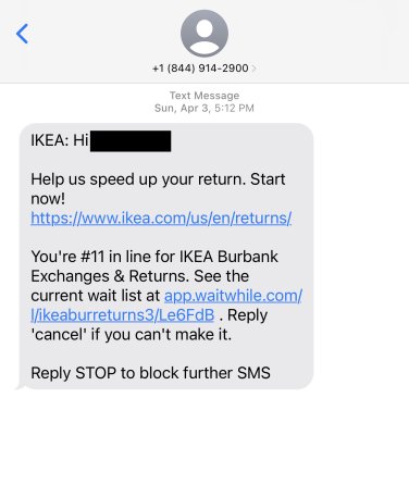 screenshot of a text message of someone pretending to be ikea