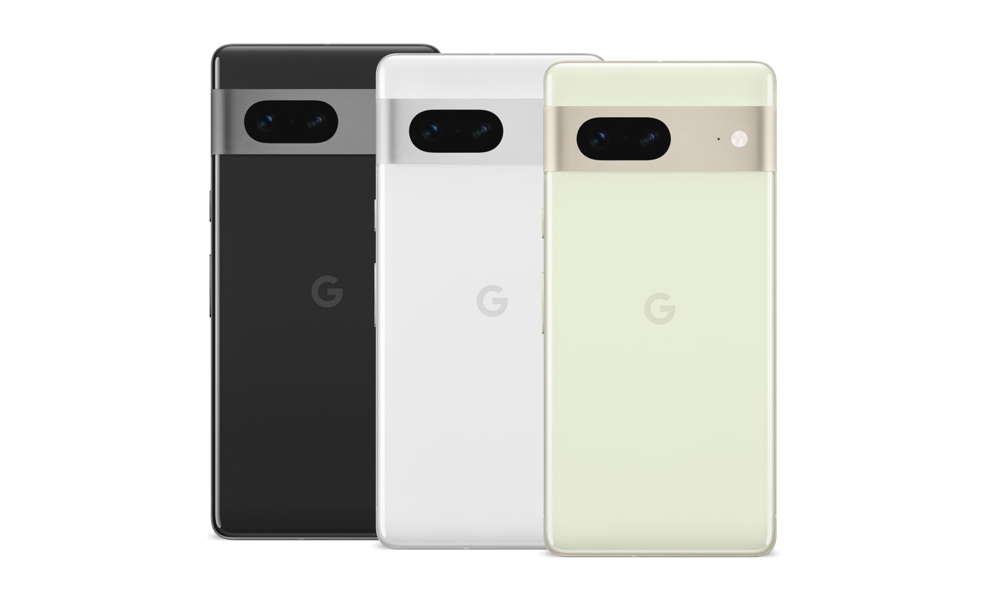 the Pixel 7 lineup in black, white, and light green