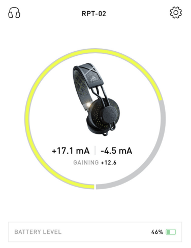A screenshot of the power tracking screen in the Adidas Headphone App. A circle measures milliamps gained and lost, with gained milliamps represented by an ebbing and flowing yellow line around the circle.