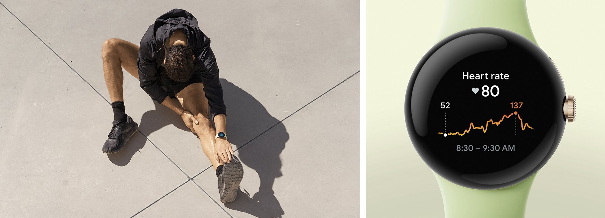 image of person stretching next to image of Pixel Watch showing heart rate