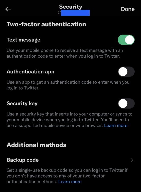 screenshot of two-factor page on Twitter