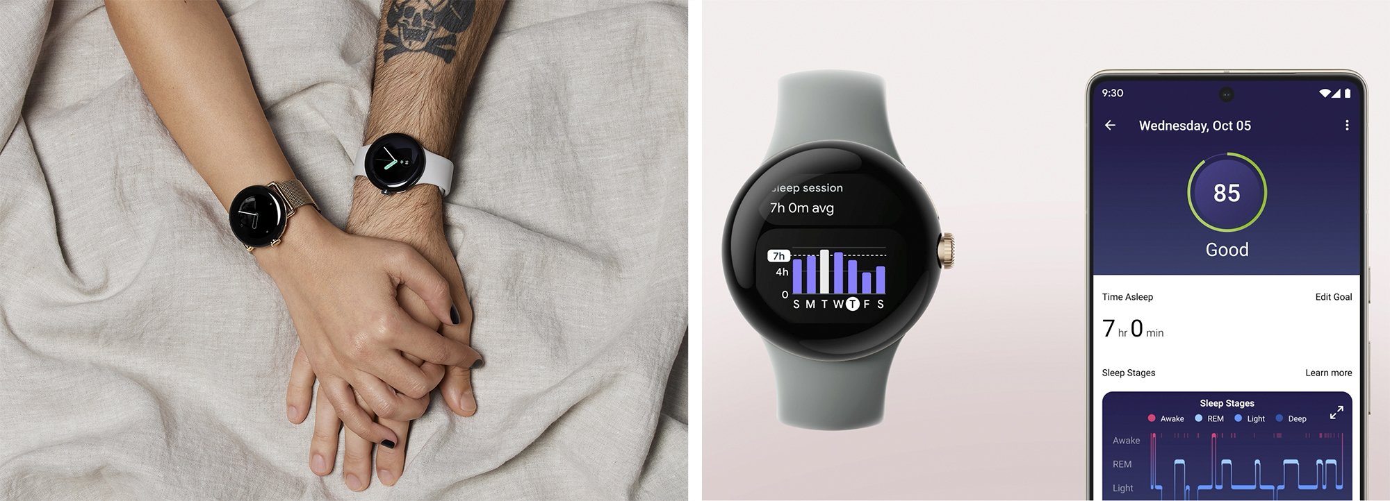Image of two hands wearing Pixel Watch next to image of sleep session on Pixel Watch and Pixel 7 sleep app
