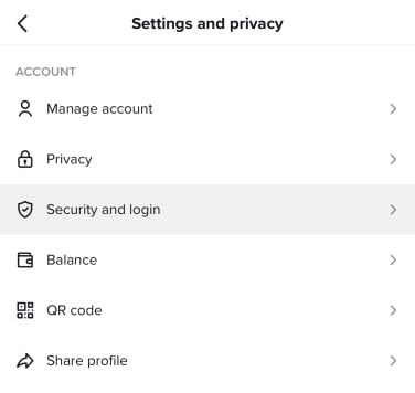 screenshot of tiktok security page
