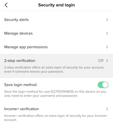 screenshot of tiktok security page