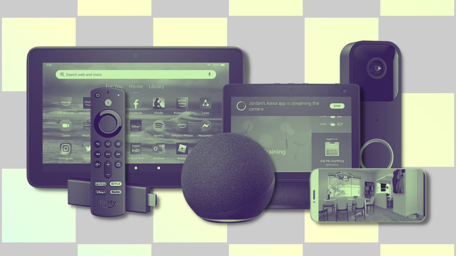 amazon devices with green tint against checkered backdrop