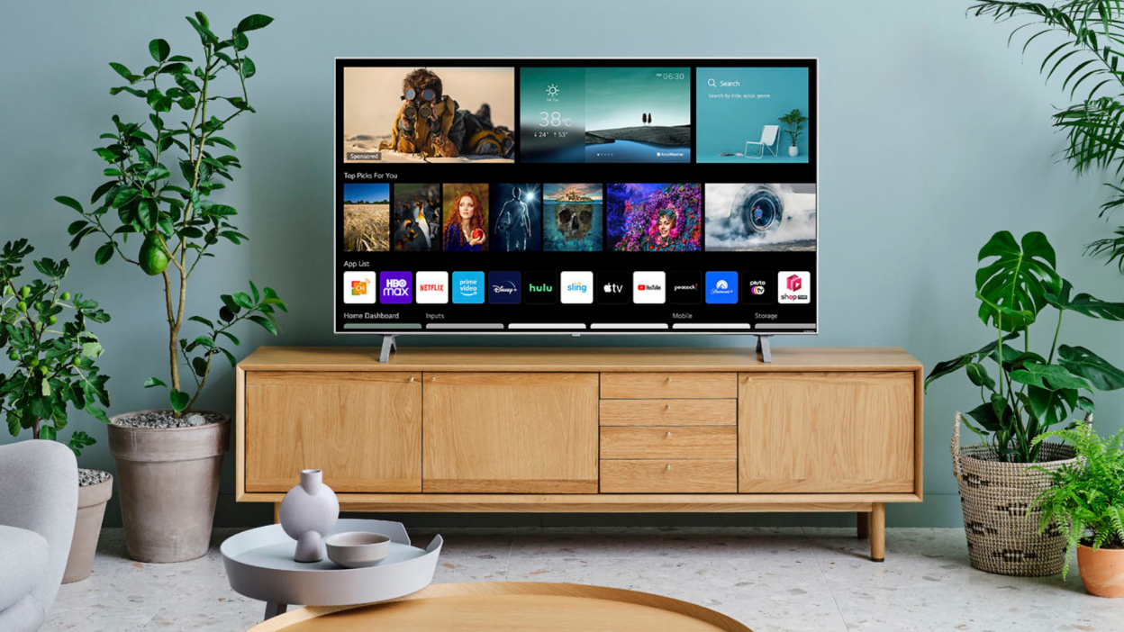 An LG TV with a colorful display is placed in a room