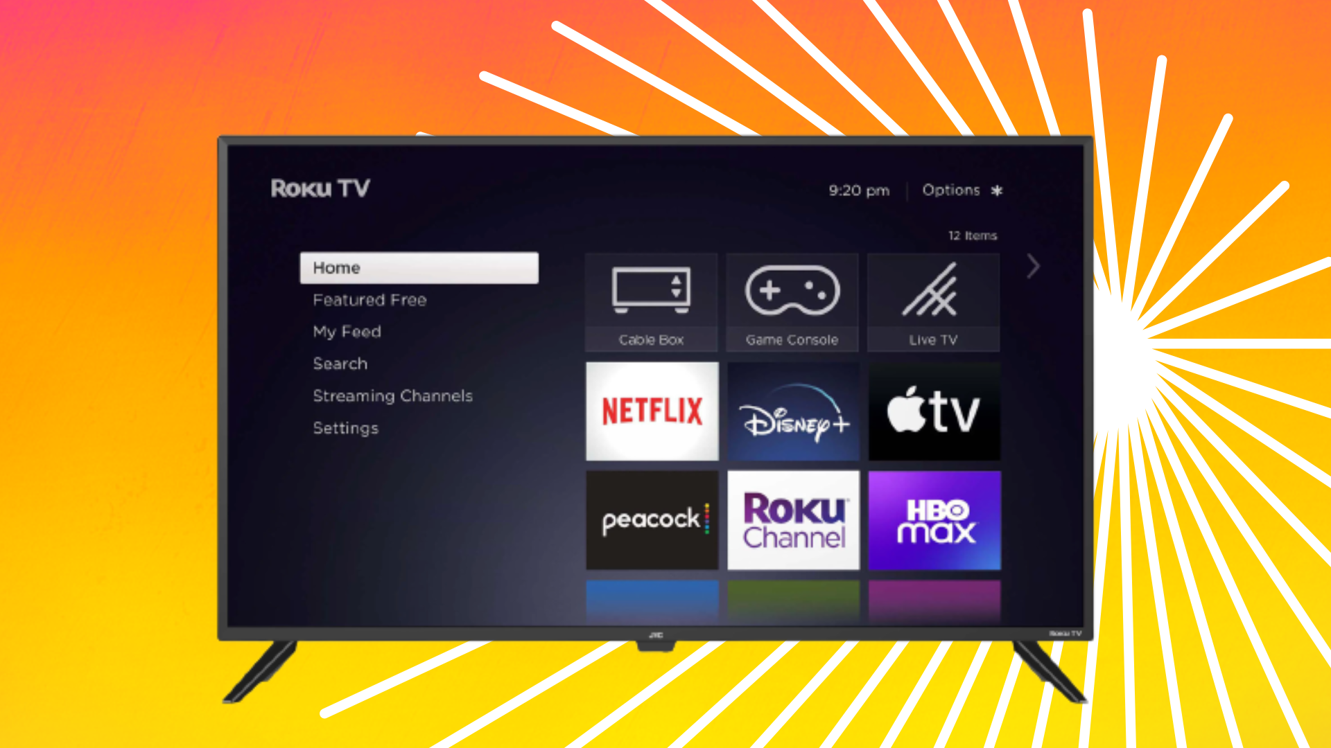 JVC 43-inch TV against an orange background