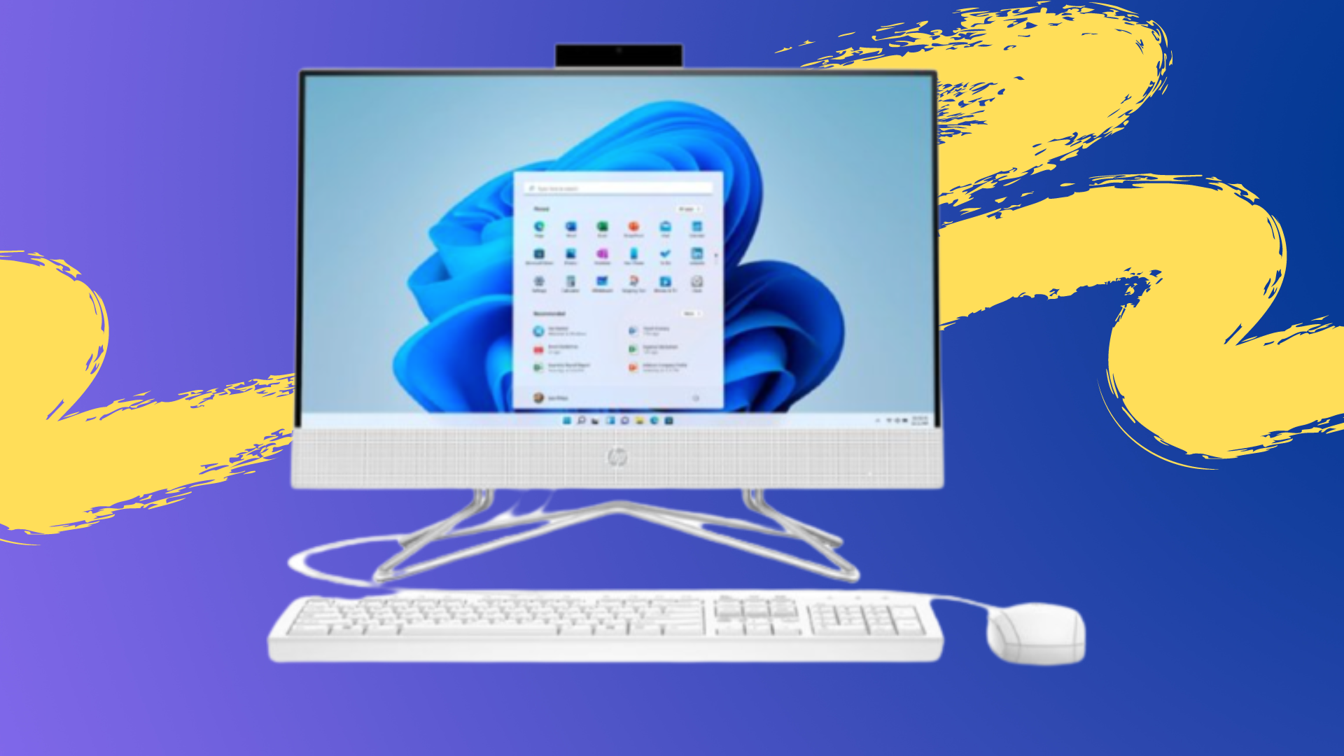 HP 21.5-inch all in one against a periwinkle background and yellow paintbrush lines.