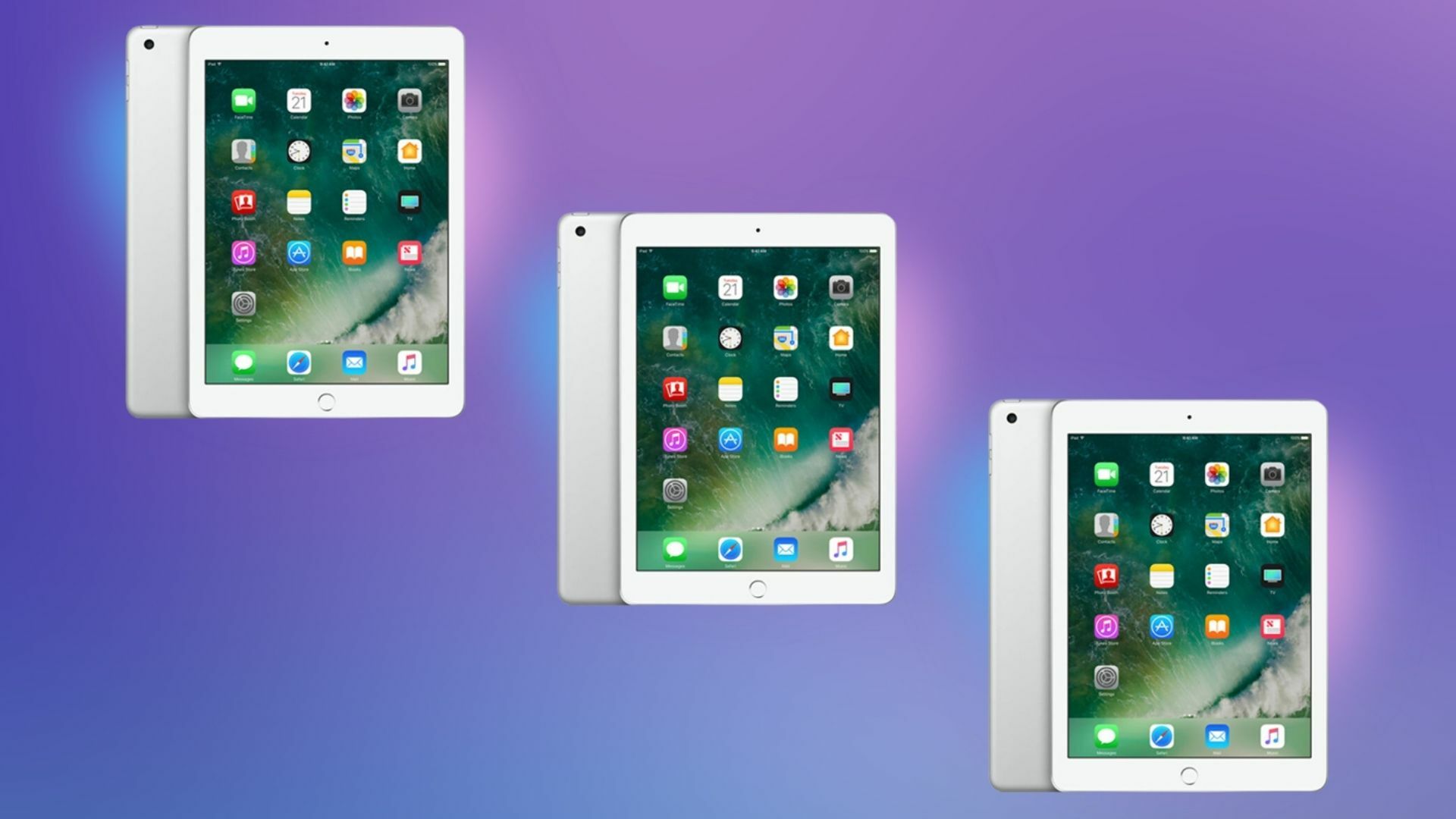 Apple iPad 5 128GB (Refurbished: Wi-Fi Only) on a colorful background.