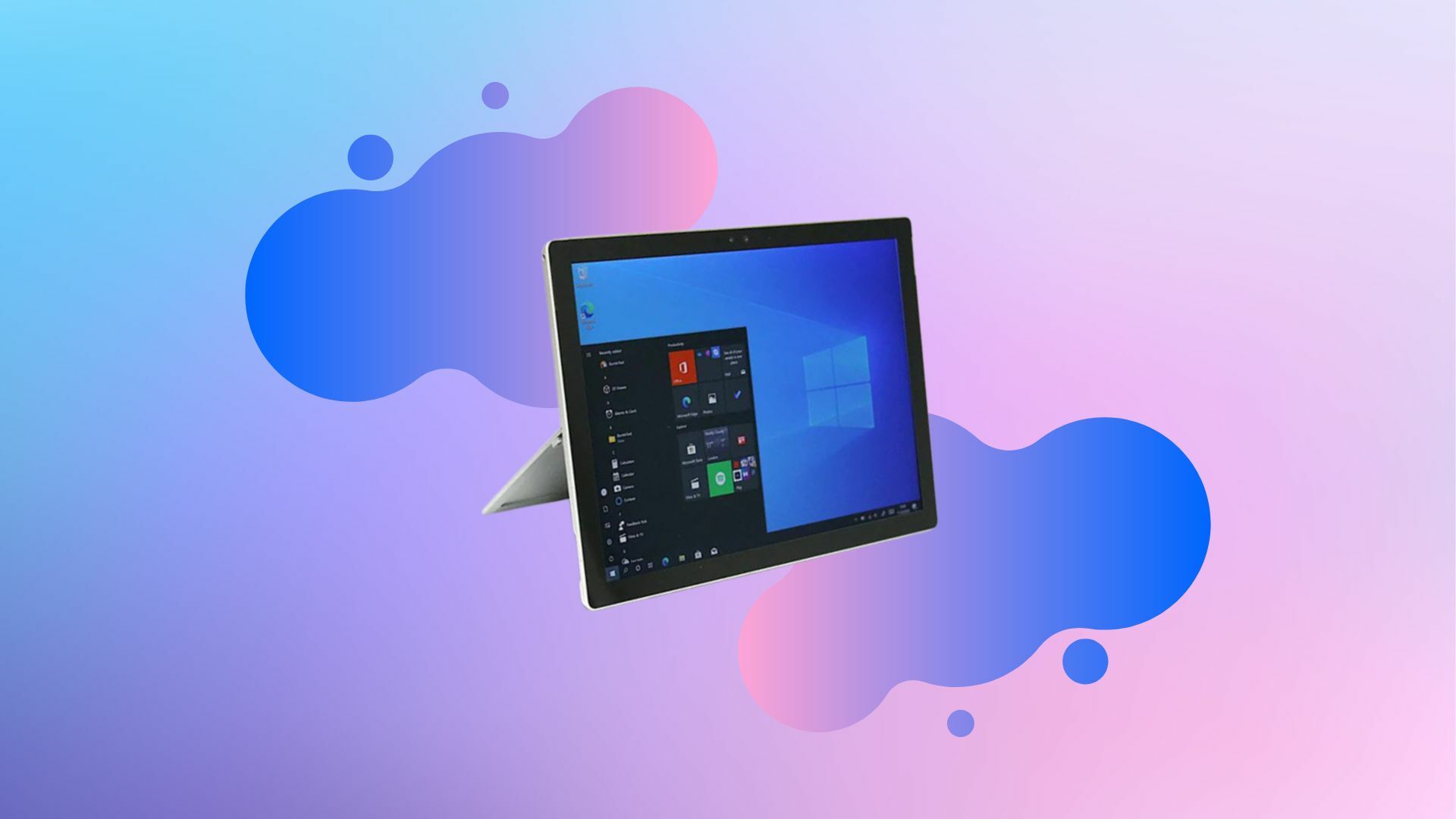 Refurbished Microsoft Surface Pro 5 on a colorful background.