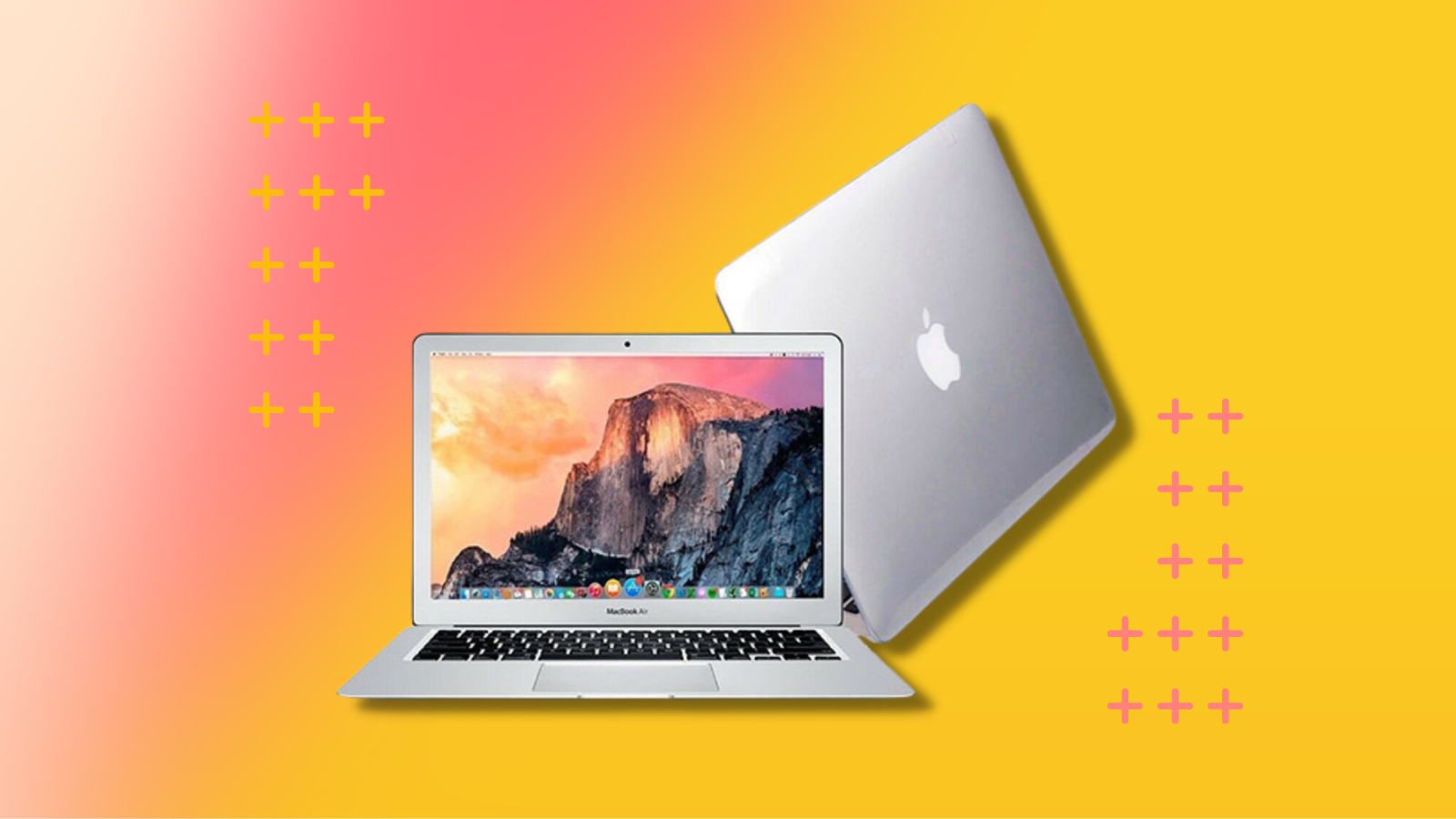 refurbished macbook air with pink and yellow background