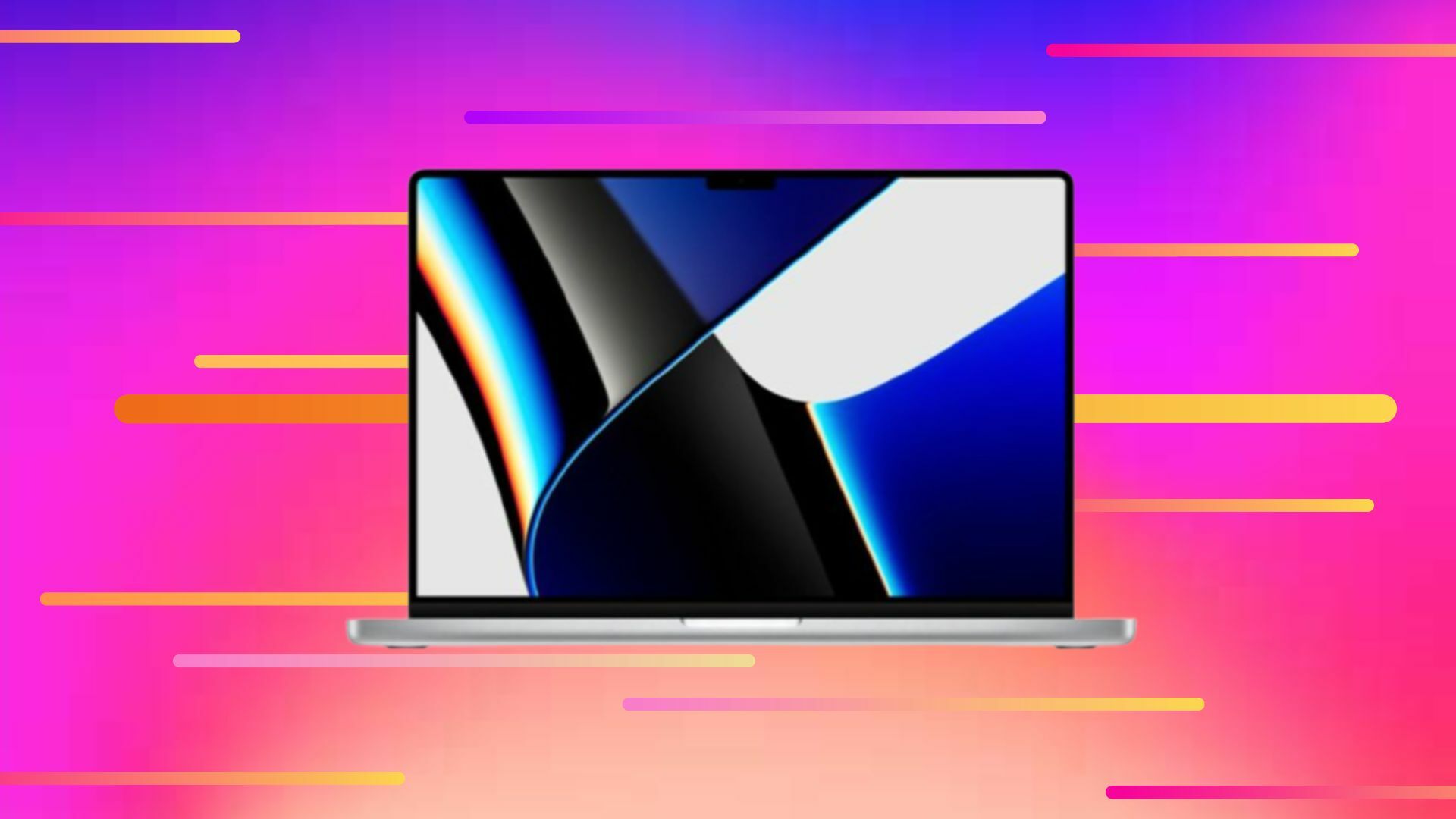 MacBook Pro against a gradient pink background with pink/yellow stick pattern