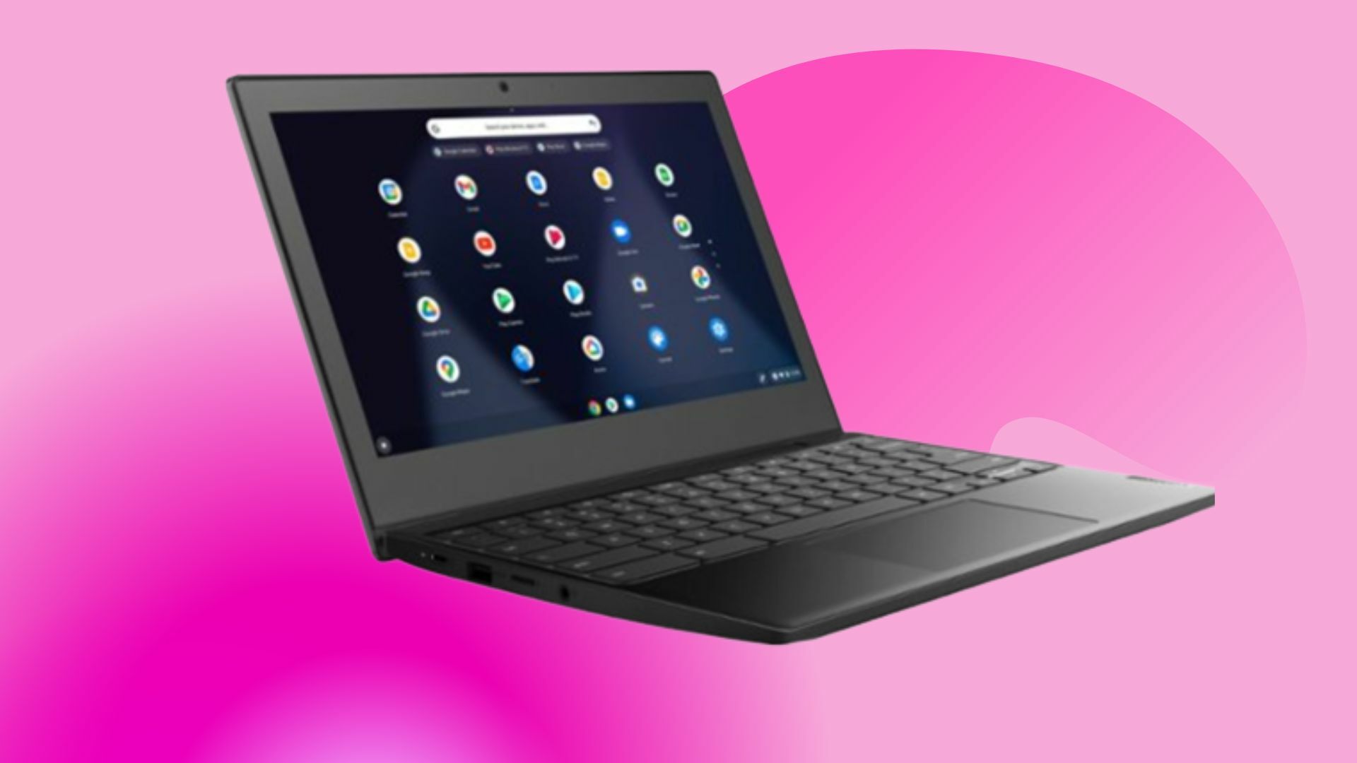 Lenovo Chromebook against a pink background