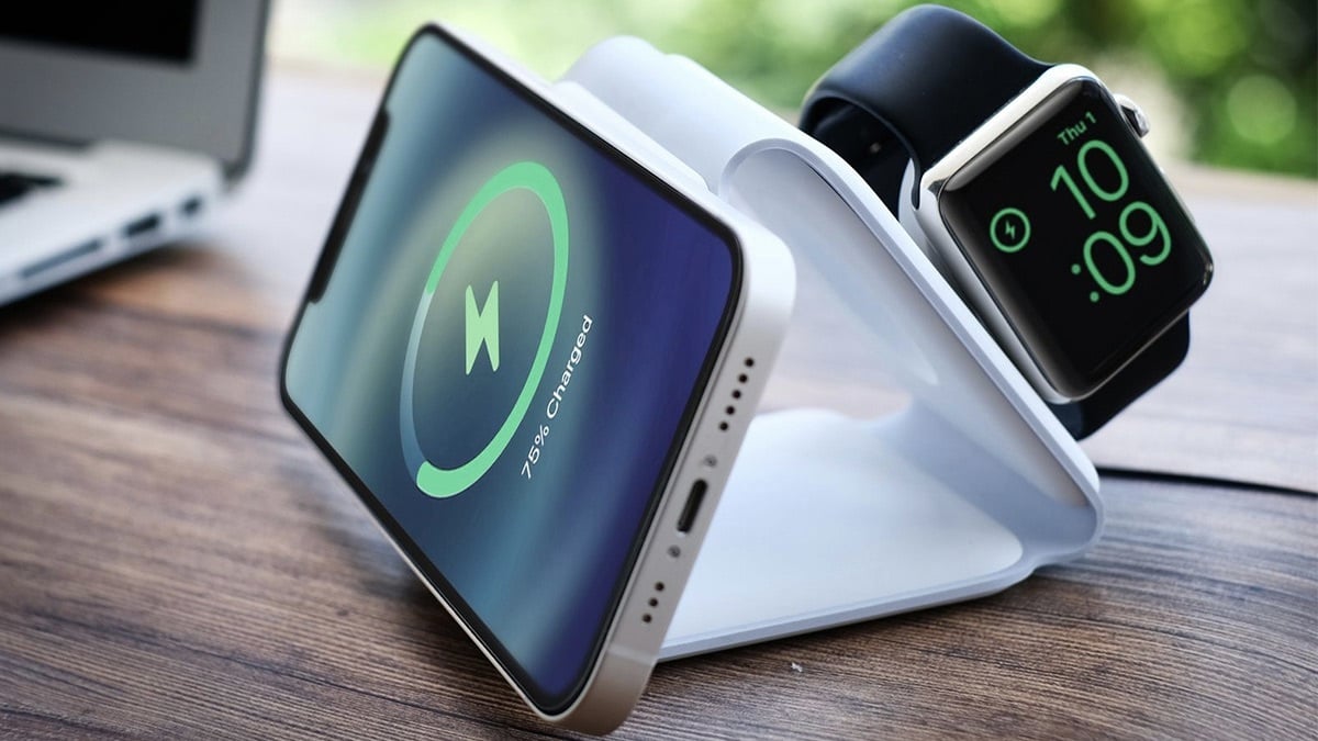 The MagStack Foldable 3-in-1 Wireless Charging Station on a table.