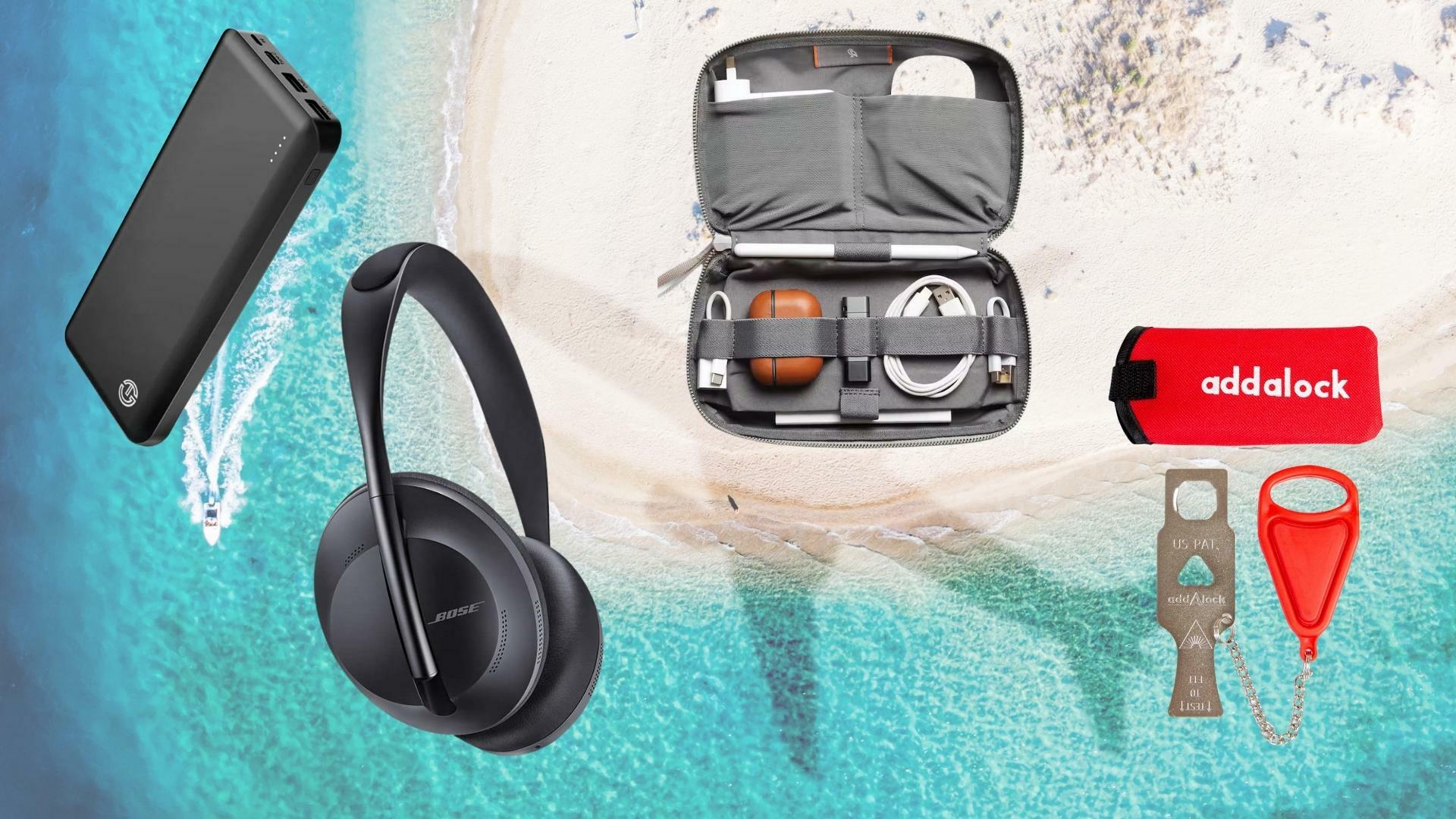 digital nomad gadgets against an overhead shot of a beach