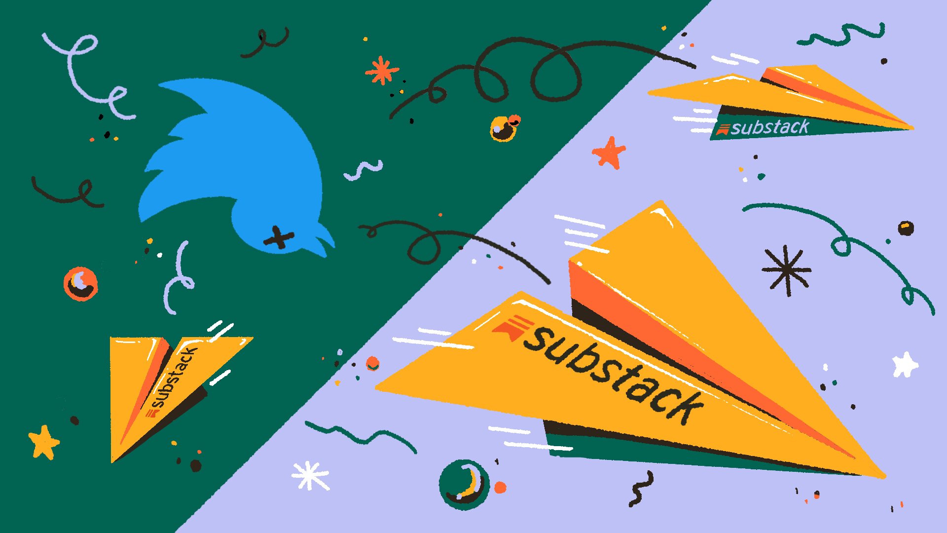 The Twitter bird being surpassed by a Substack letter