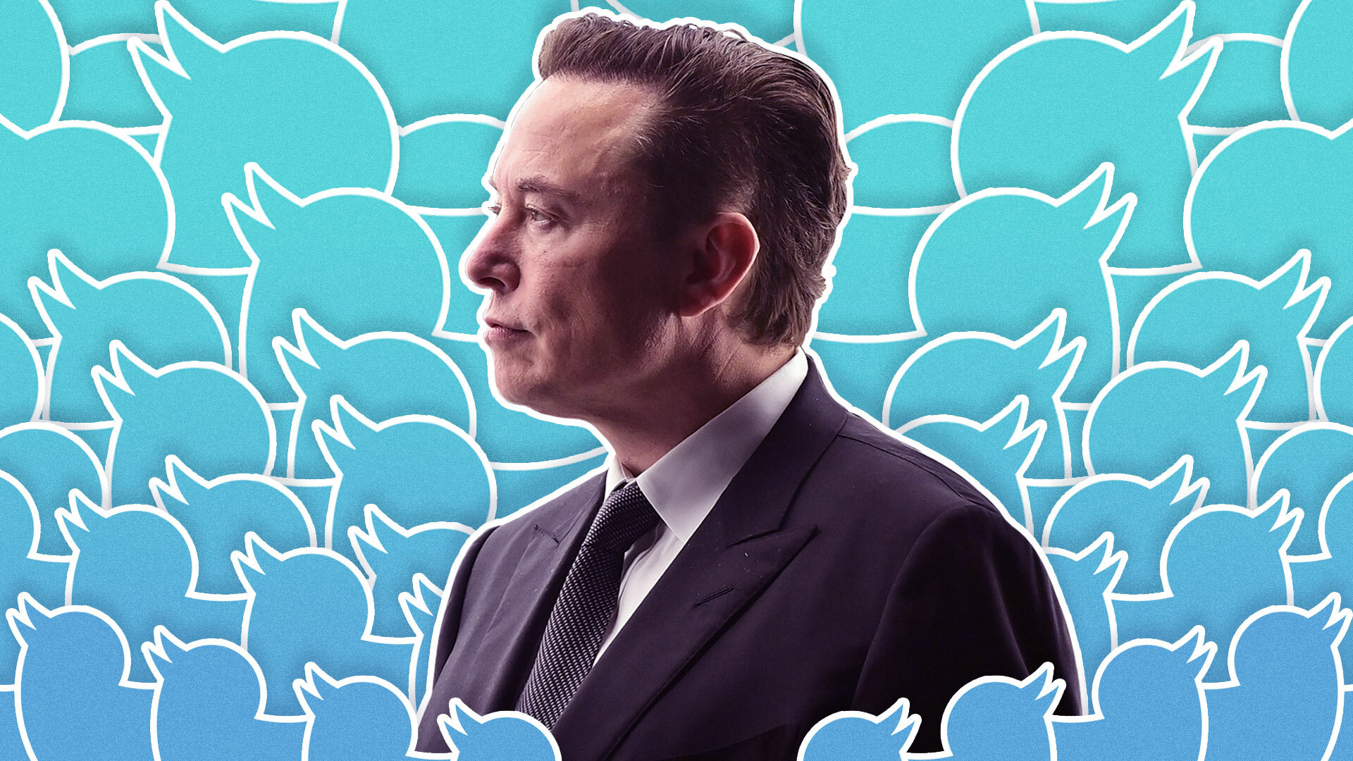 Elon Musk surrounded by blue Twitter bird icons.