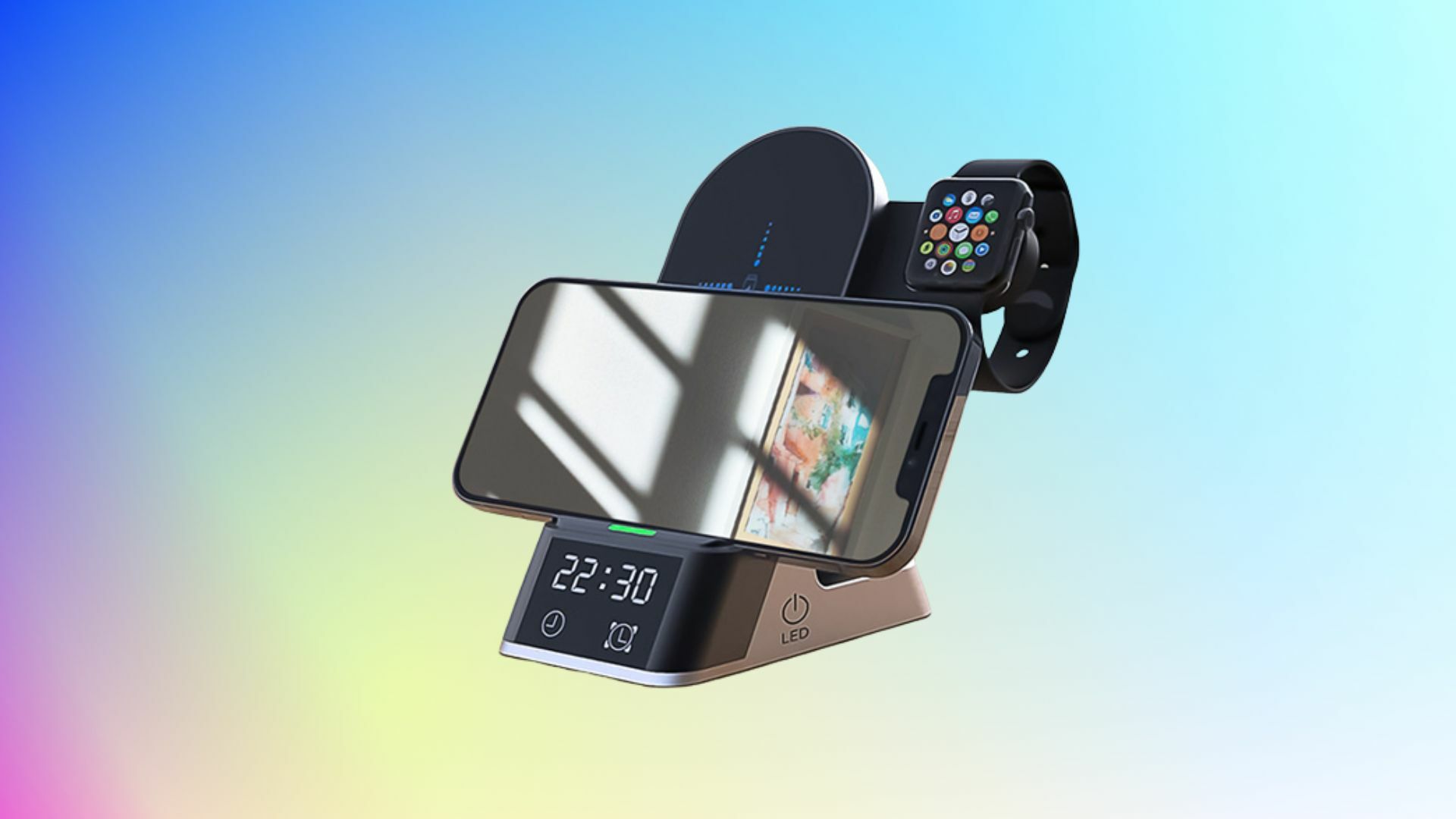 The 6-in-1 Wireless Charger Stand on a colorful background.