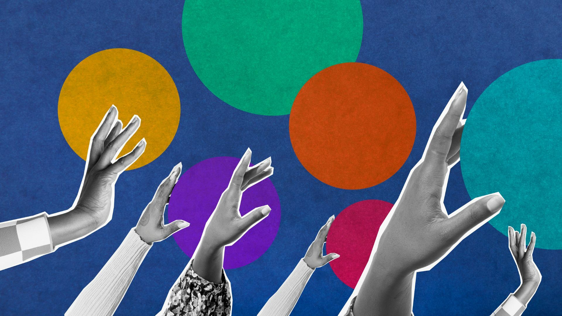 A graphic of hands reaching for dots.