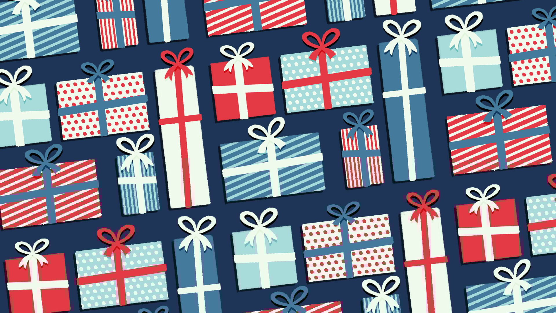 an illustration of red and blue presents in varying sizes and shapes