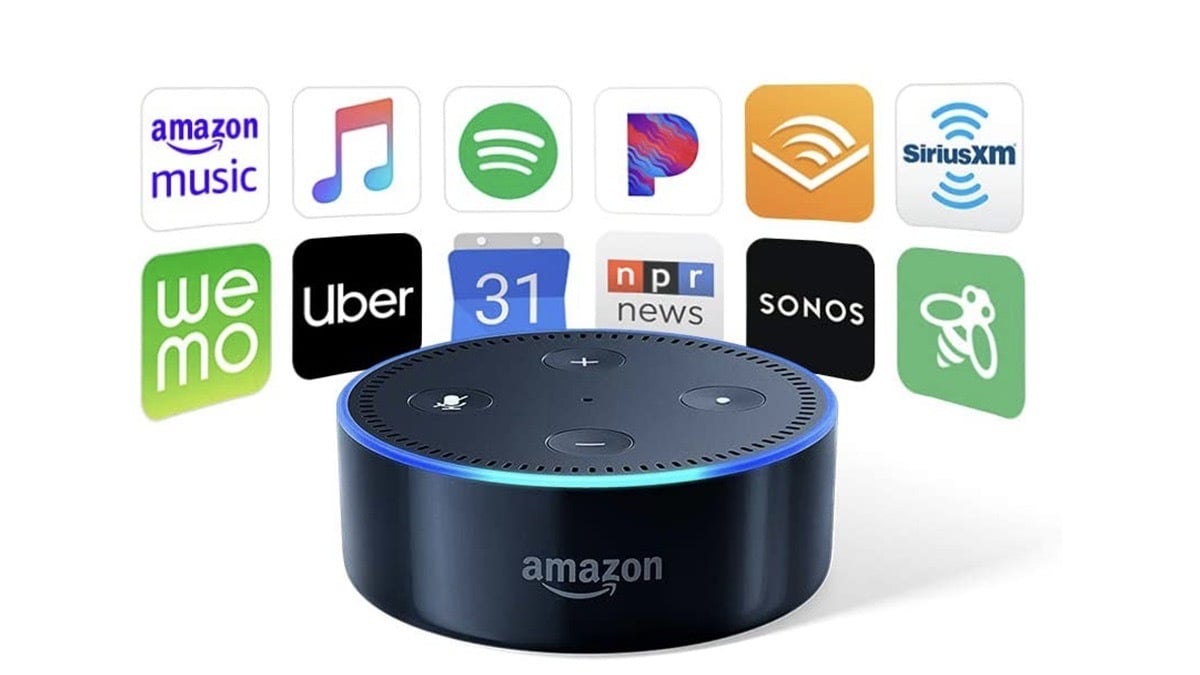 Refurbished Amazon Echo Dot (2nd Gen) on a white background.