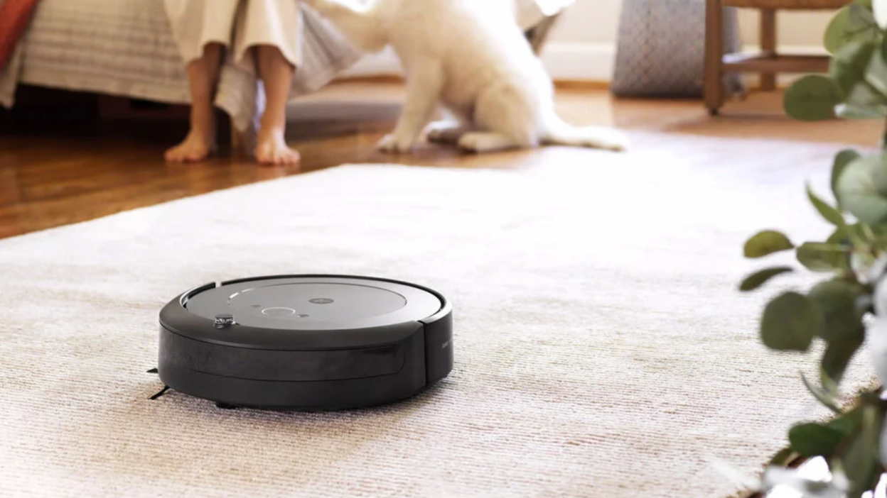 roomba robot vacuum on carpet with dog in background