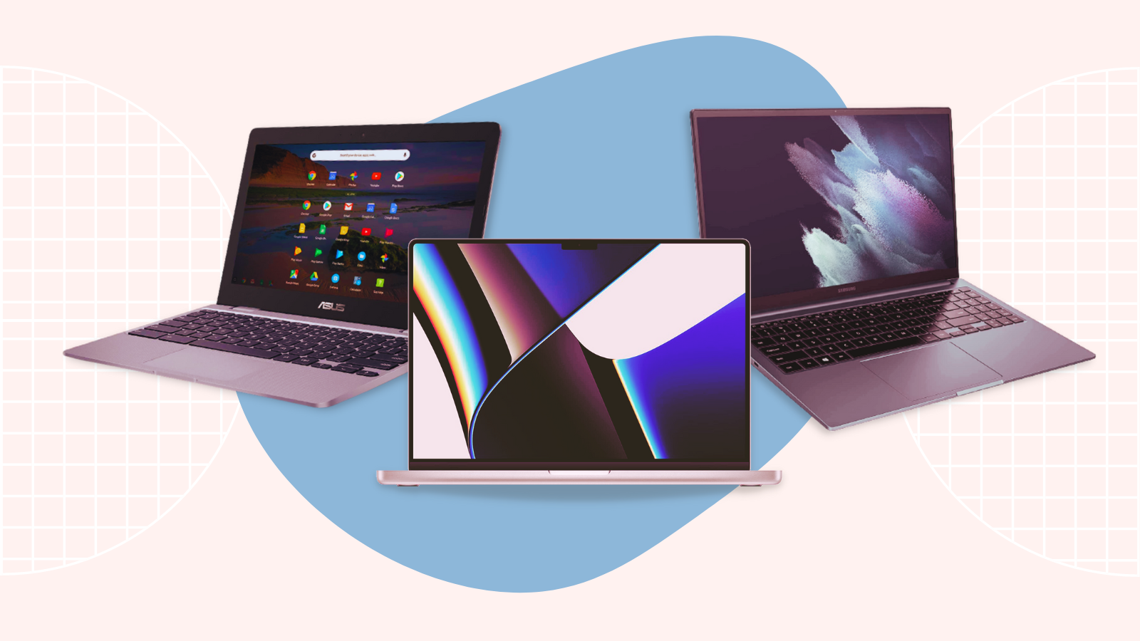 three laptops featured in amazon's early black friday sale against a blue and pink geometric background