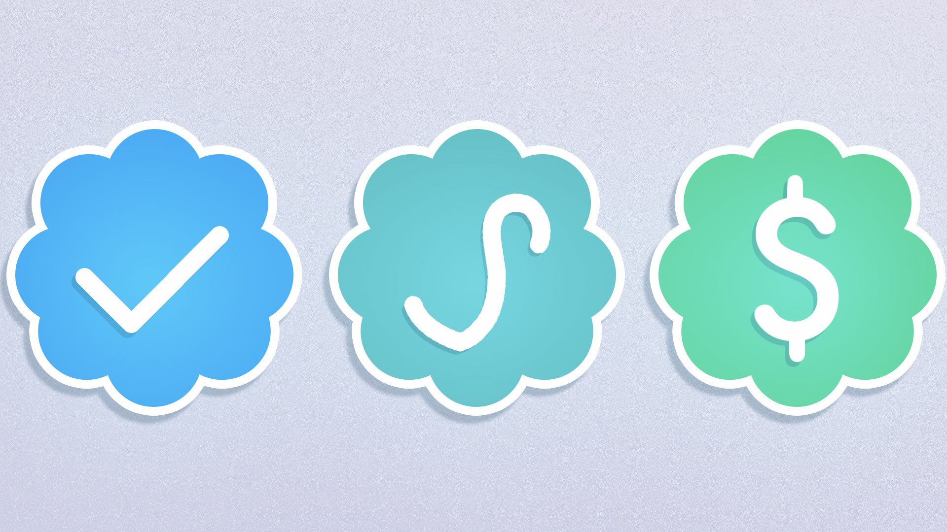 Three badges in a row: the twitter verification badge, the vine verification badge, and a badge with a dollar sign in it.